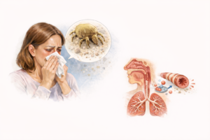 Ilustratie medicala alergie la acarieni cu reactie respiratorie si inflamatie nazala si bronsica