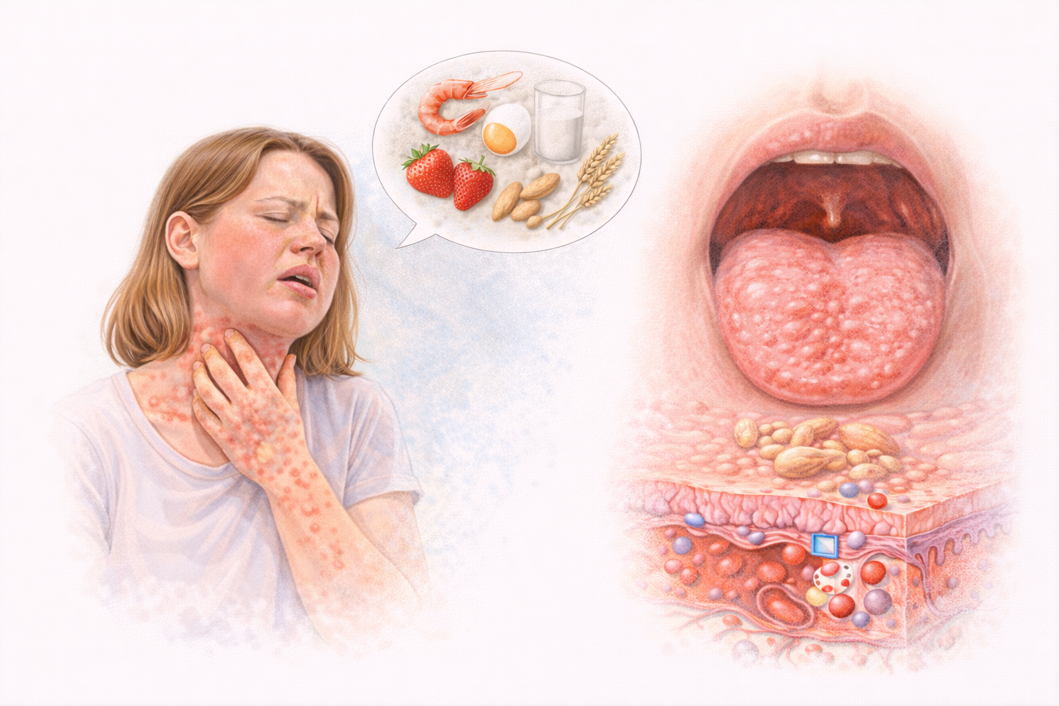 Ilustratie medicala alergie alimentara cu reactie sistemica si simptome cutanate si inflamatie la nivelul cavitatii bucale