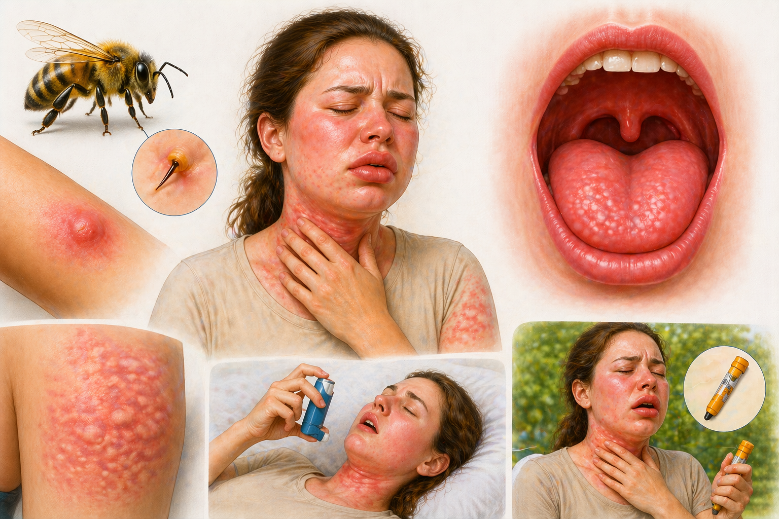 Ilustratie medicala alergie la intepatura de albina cu reactie sistemica umflare gat eruptii cutanate si dificultate respiratorie