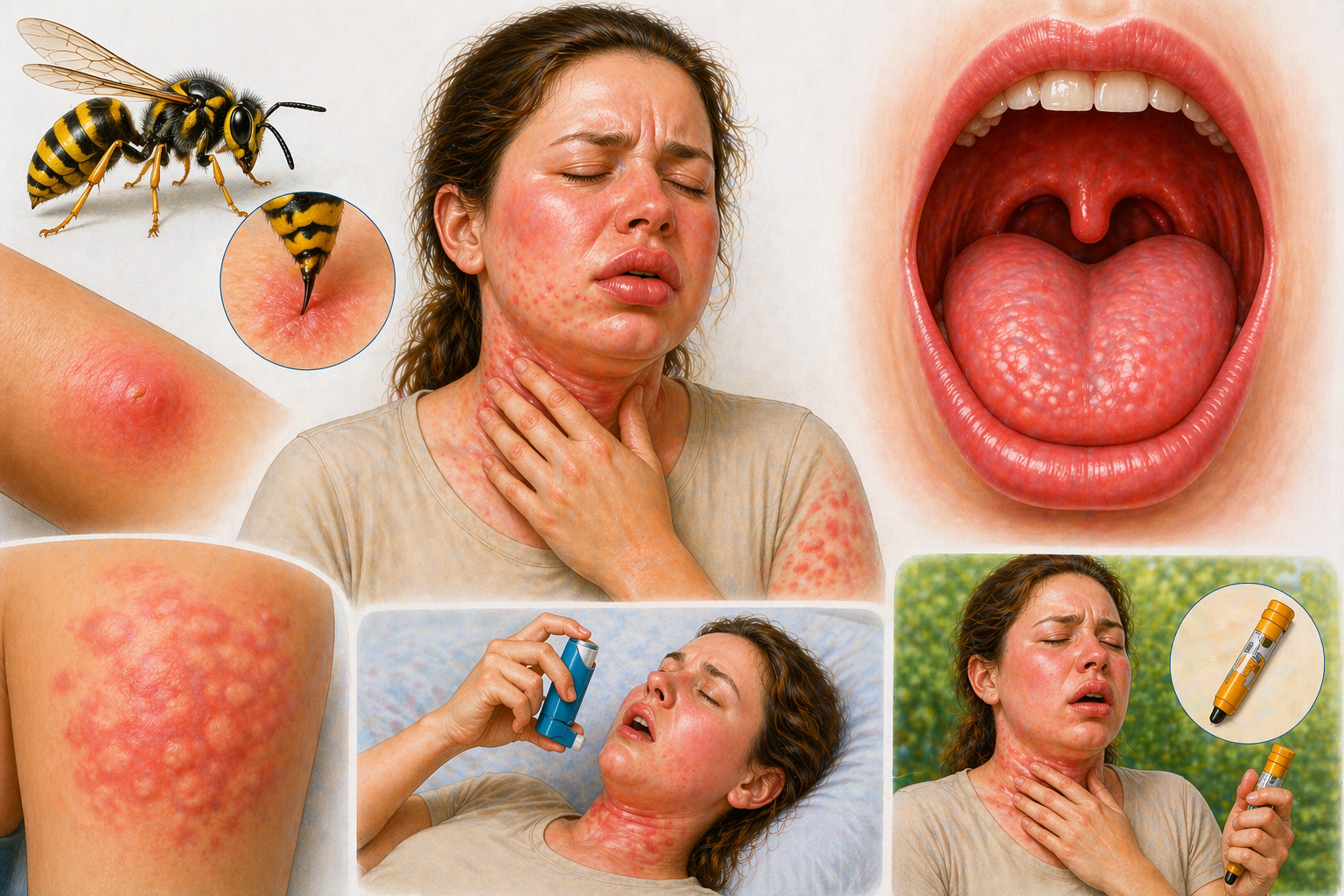 Ilustratie medicala alergie la intepatura de viespe cu reactie sistemica eruptii cutanate umflare gat si dificultate respiratorie
