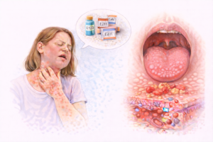 Ilustratie medicala alergie la aditivi alimentari cu reactie imuna si simptome cutanate si inflamatie la nivelul gatului