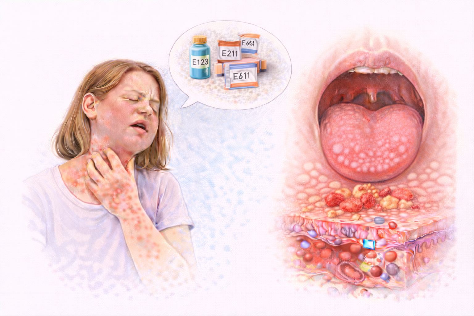 Ilustratie medicala alergie la aditivi alimentari cu reactie imuna si simptome cutanate si inflamatie la nivelul gatului
