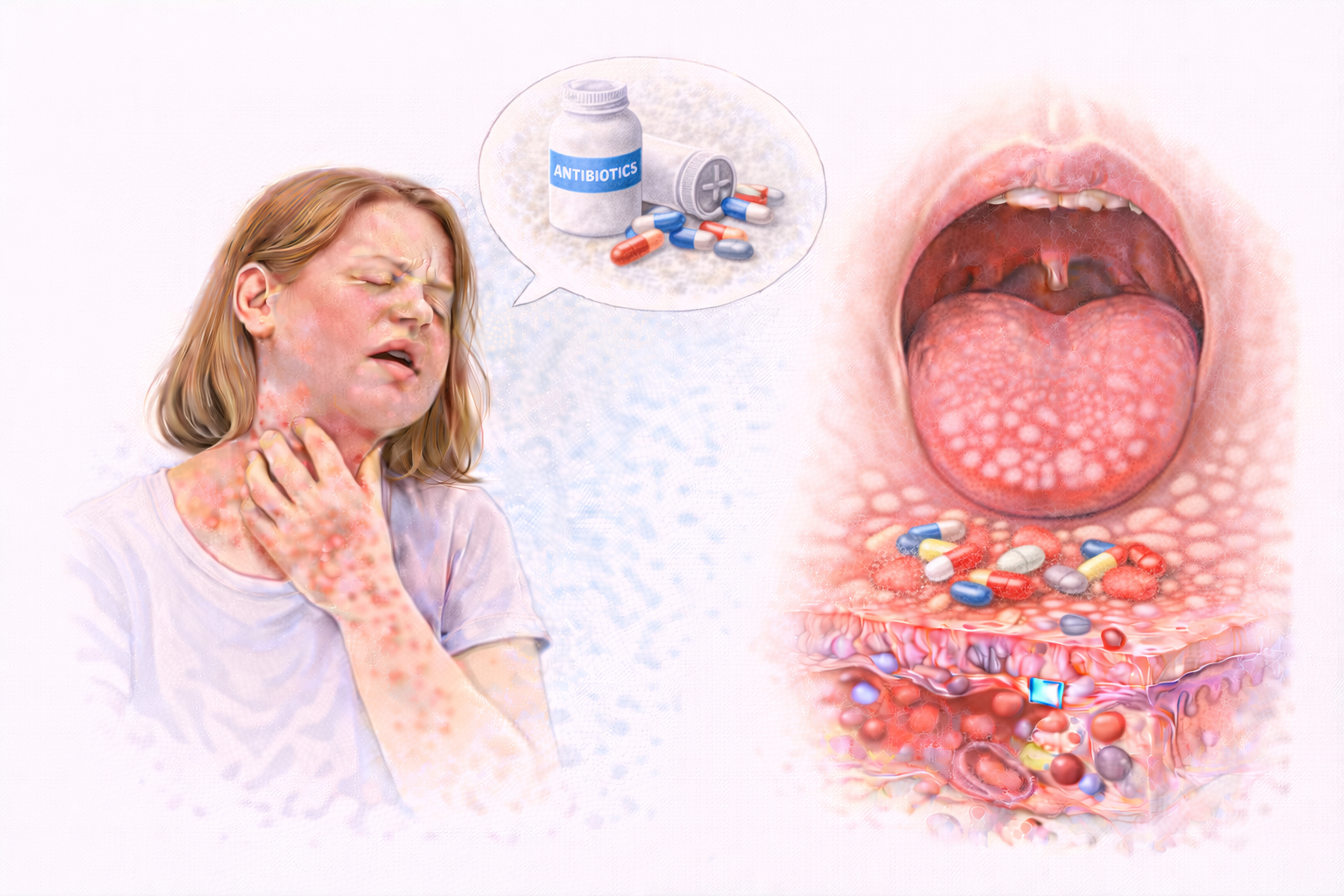 Ilustratie medicala alergie la antibiotice cu reactie alergica si simptome cutanate si inflamatie la nivelul gatului