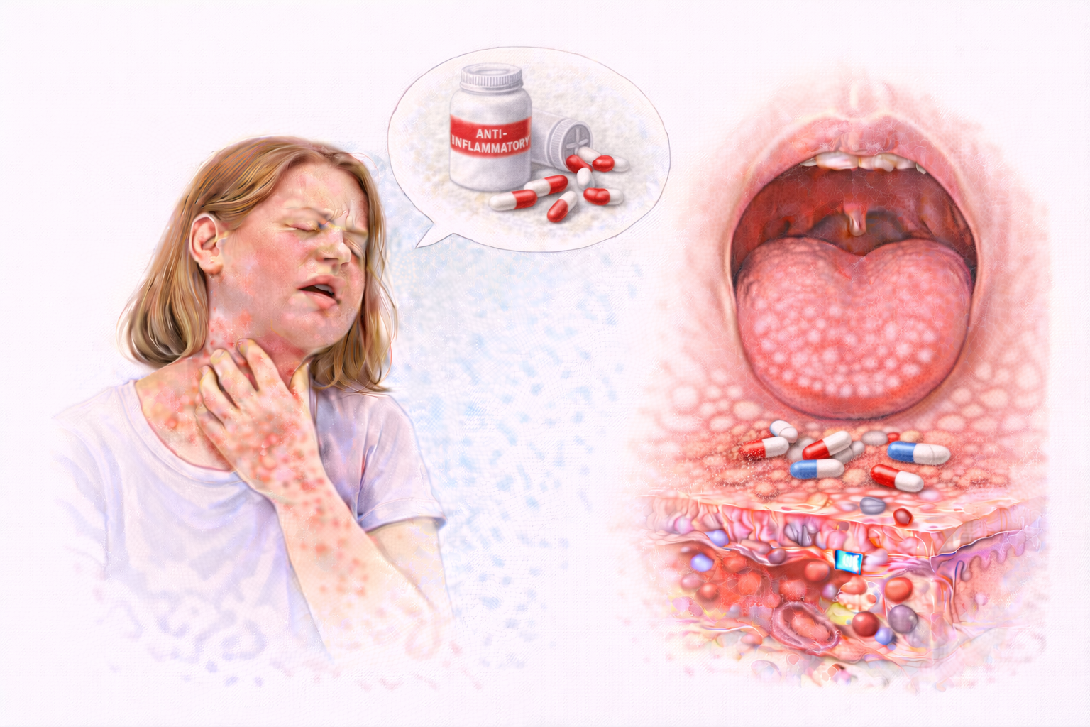 Ilustratie medicala alergie la antiinflamatoare cu reactie alergica si simptome cutanate si inflamatie la nivelul gatului