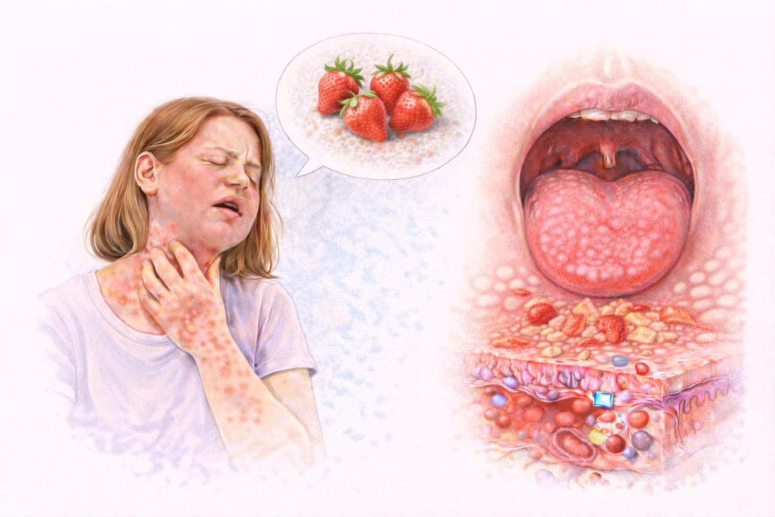 Ilustratie medicala alergie la capsuni cu reactie alergica si simptome cutanate si inflamatie la nivelul gatului