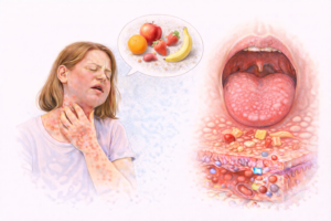 Ilustratie medicala alergie la fructe cu reactie alergica si simptome cutanate si inflamatie la nivelul gatului