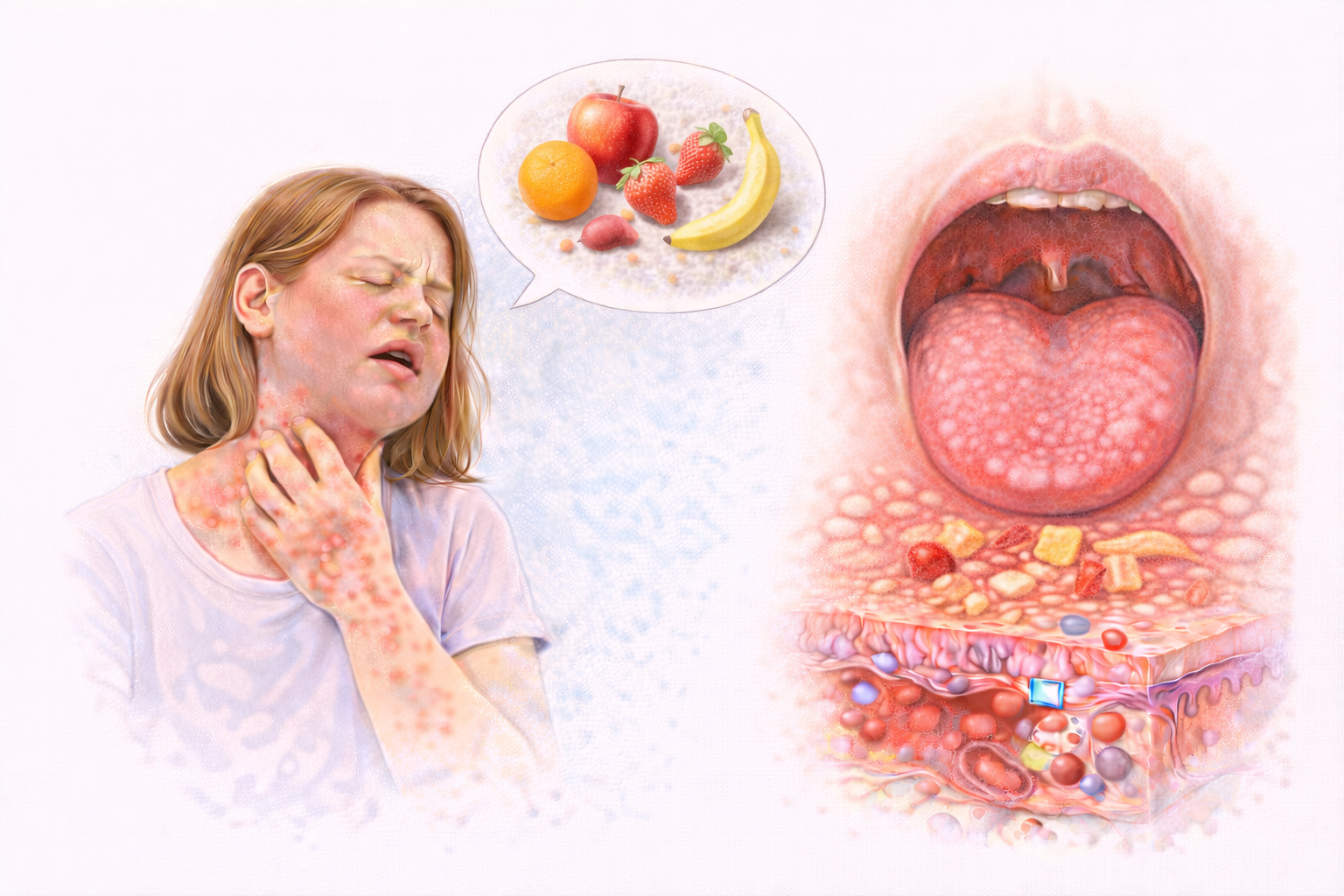 Ilustratie medicala alergie la fructe cu reactie alergica si simptome cutanate si inflamatie la nivelul gatului