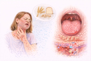 Ilustratie medicala alergie la gluten cu reactie imuna intestinala si simptome cutanate si inflamatie la nivelul gatului