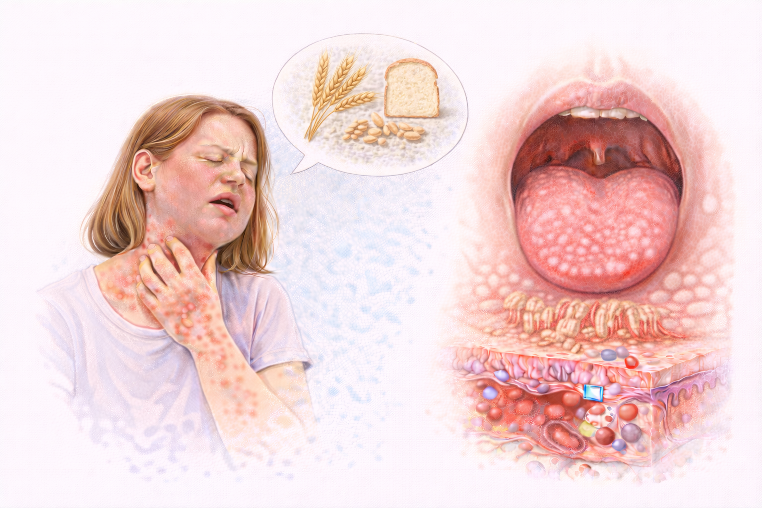 Ilustratie medicala alergie la gluten cu reactie imuna intestinala si simptome cutanate si inflamatie la nivelul gatului
