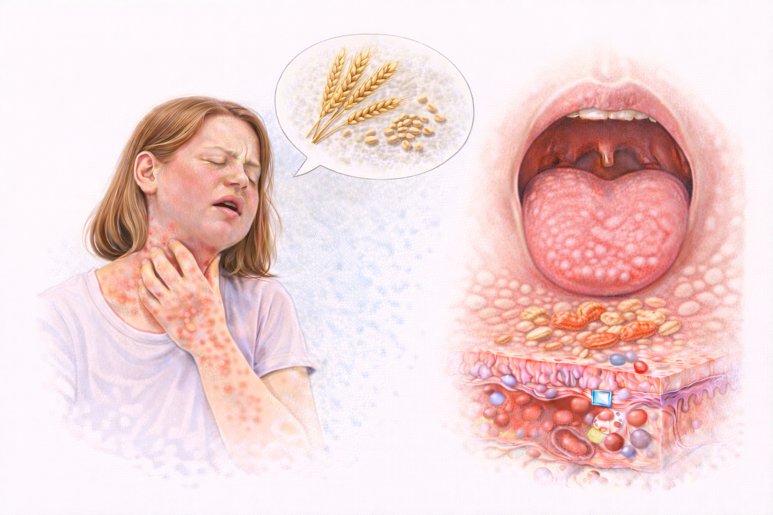 Ilustratie medicala alergie la grau cu reactie imuna si simptome cutanate si inflamatie la nivelul gatului