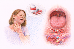 Ilustratie medicala alergie la ibuprofen cu reactie alergica si simptome cutanate si inflamatie la nivelul gatului