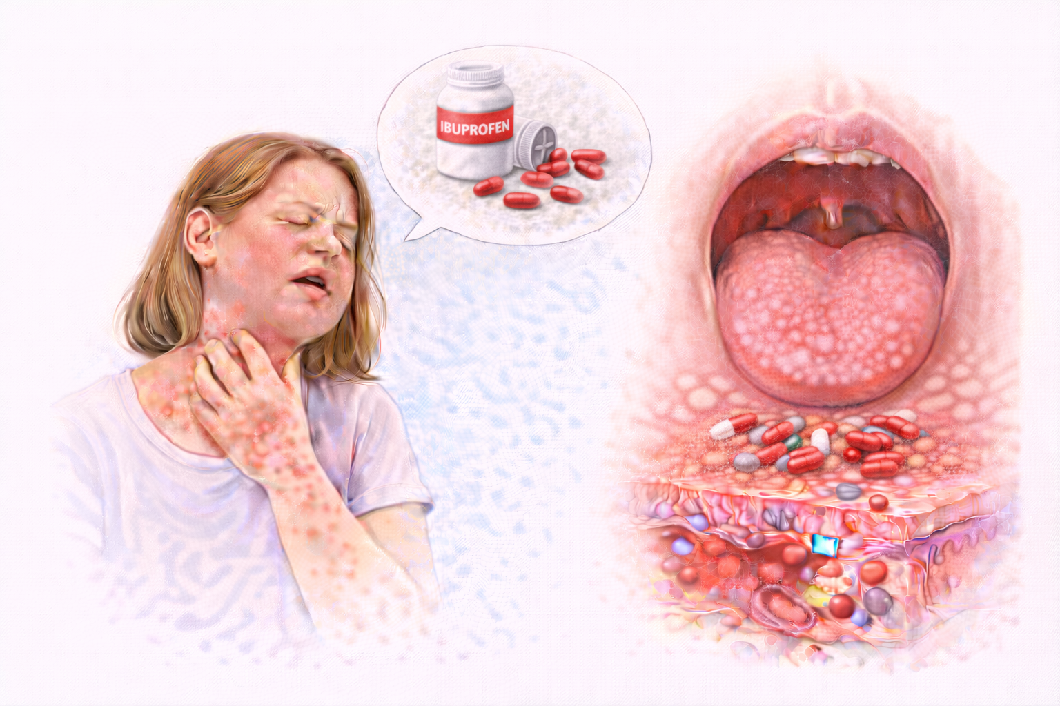 Ilustratie medicala alergie la ibuprofen cu reactie alergica si simptome cutanate si inflamatie la nivelul gatului