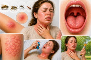 Ilustratie medicala alergie la insecte cu reactie alergica sistemica eruptii cutanate umflare gat si dificultate respiratorie