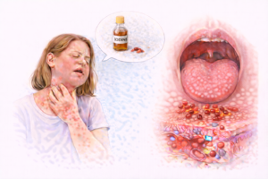 Ilustratie medicala alergie la iod cu reactie alergica si simptome cutanate si inflamatie la nivelul gatului
