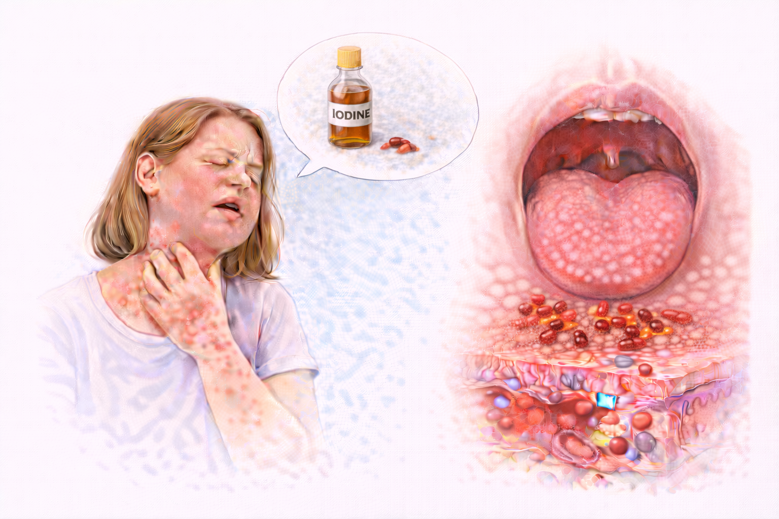 Ilustratie medicala alergie la iod cu reactie alergica si simptome cutanate si inflamatie la nivelul gatului