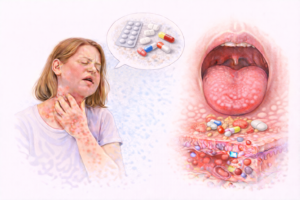 Ilustratie medicala alergie la medicamente cu reactie imuna si simptome cutanate si inflamatie la nivelul gatului