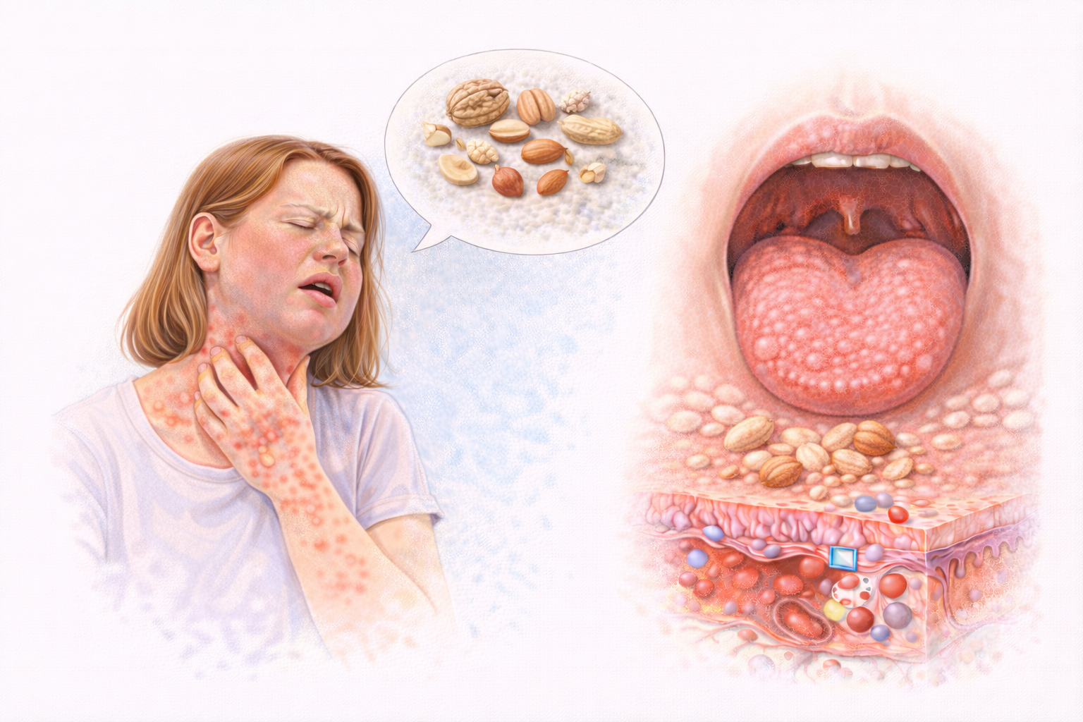 Ilustratie medicala alergie la nuci cu reactie alergica severa si simptome cutanate si inflamatie la nivelul gatului