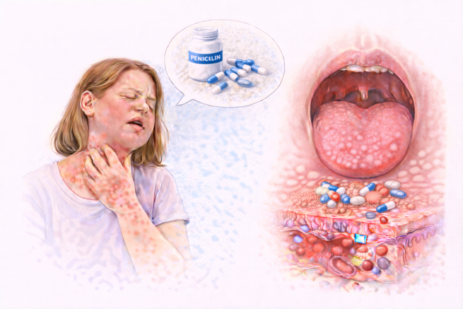 Ilustratie medicala alergie la penicilina cu reactie alergica si simptome cutanate si inflamatie la nivelul gatului