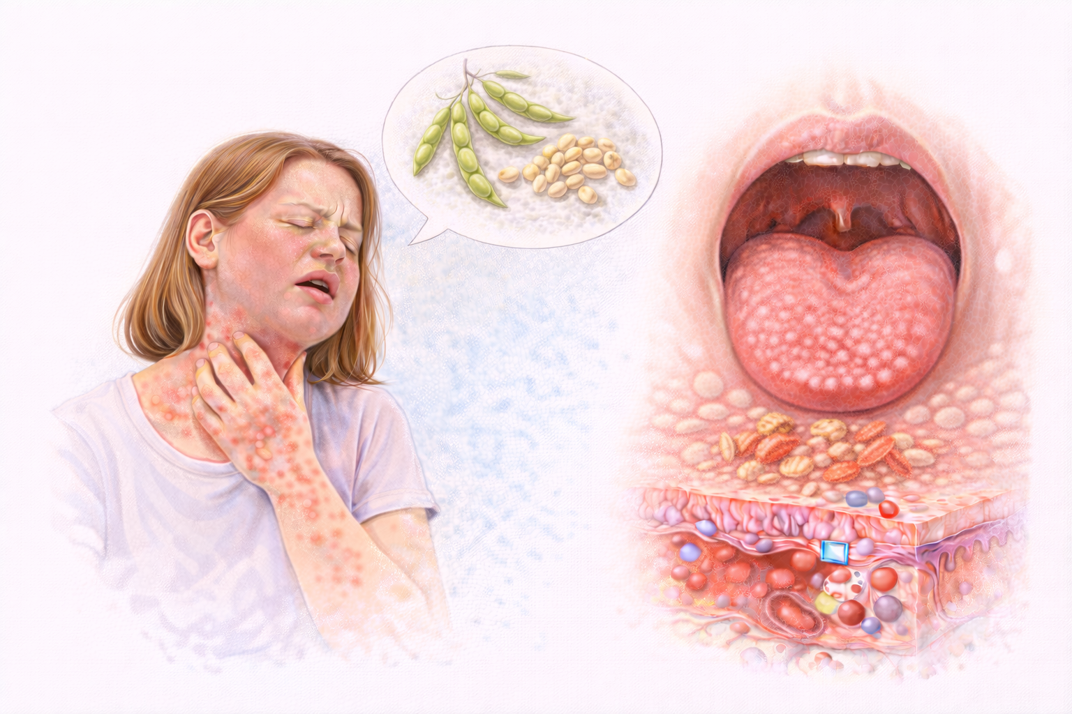 Ilustratie medicala alergie la soia cu reactie imuna si simptome cutanate si inflamatie la nivelul gatului