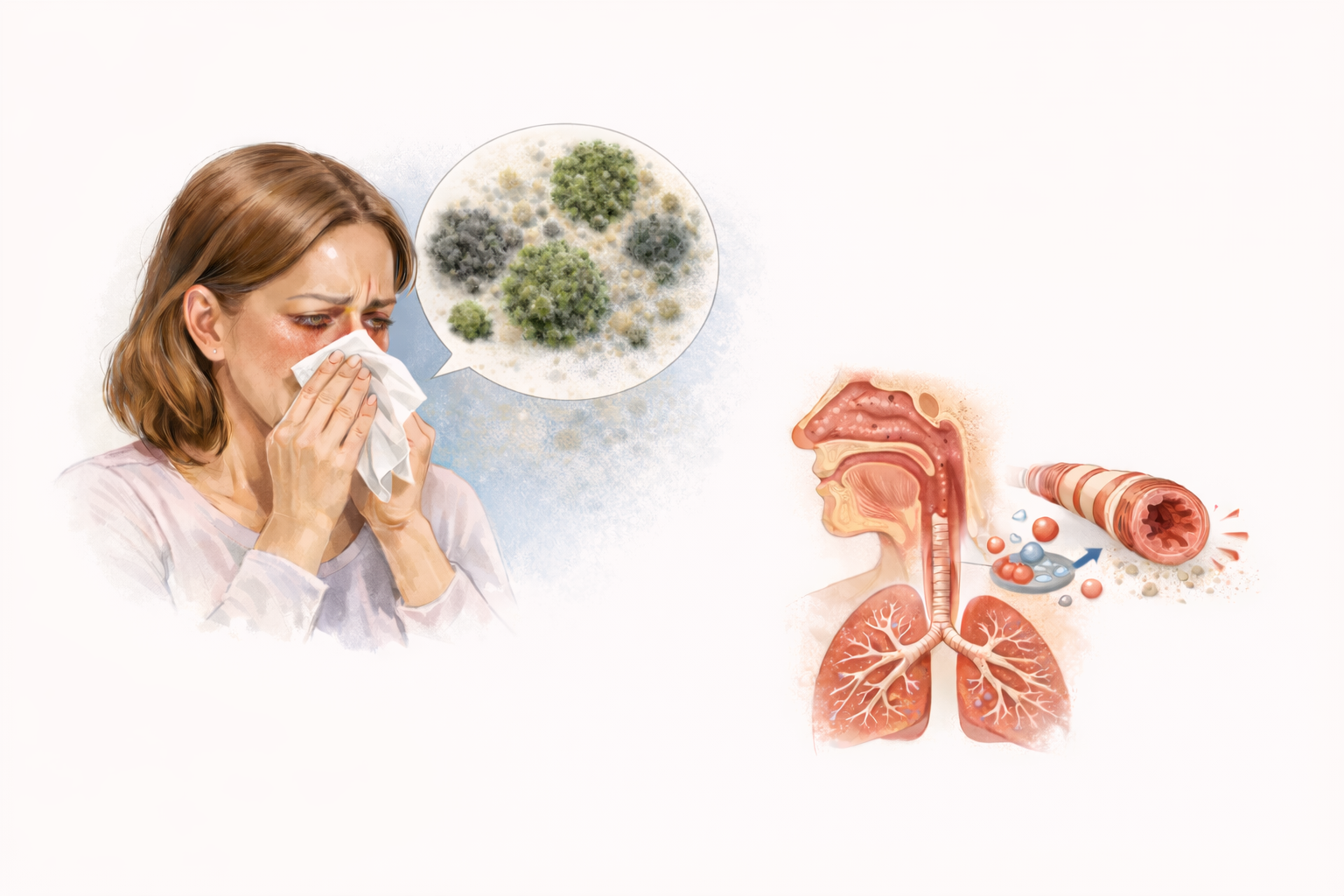 Ilustratie medicala alergie la mucegai cu inflamatie nazala si reactie respiratorie la spori de mucegai
