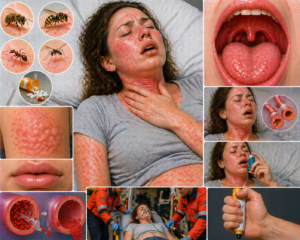 Ilustratie medicala anafilaxie cu reactie alergica severa eruptii cutanate umflare gat si dificultate respiratorie