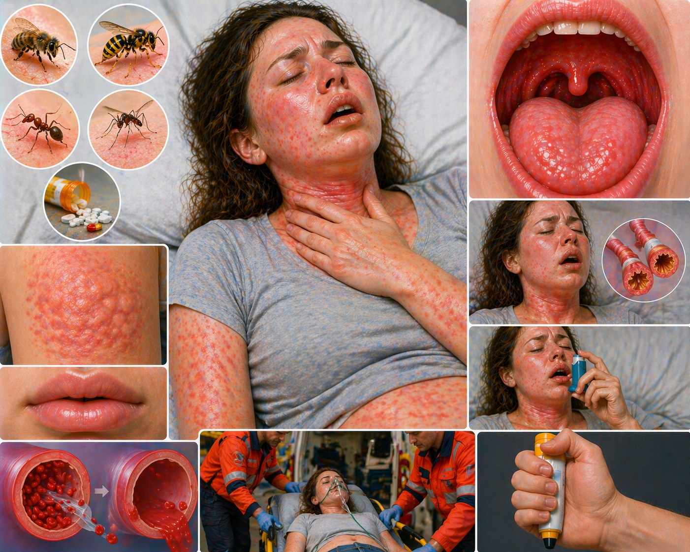 Ilustratie medicala anafilaxie cu reactie alergica severa eruptii cutanate umflare gat si dificultate respiratorie