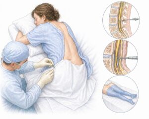 Ilustratie medicala stil Mayo anestezie spinala cu pacient in pozitie laterala si injectie la nivel lombar fara text
