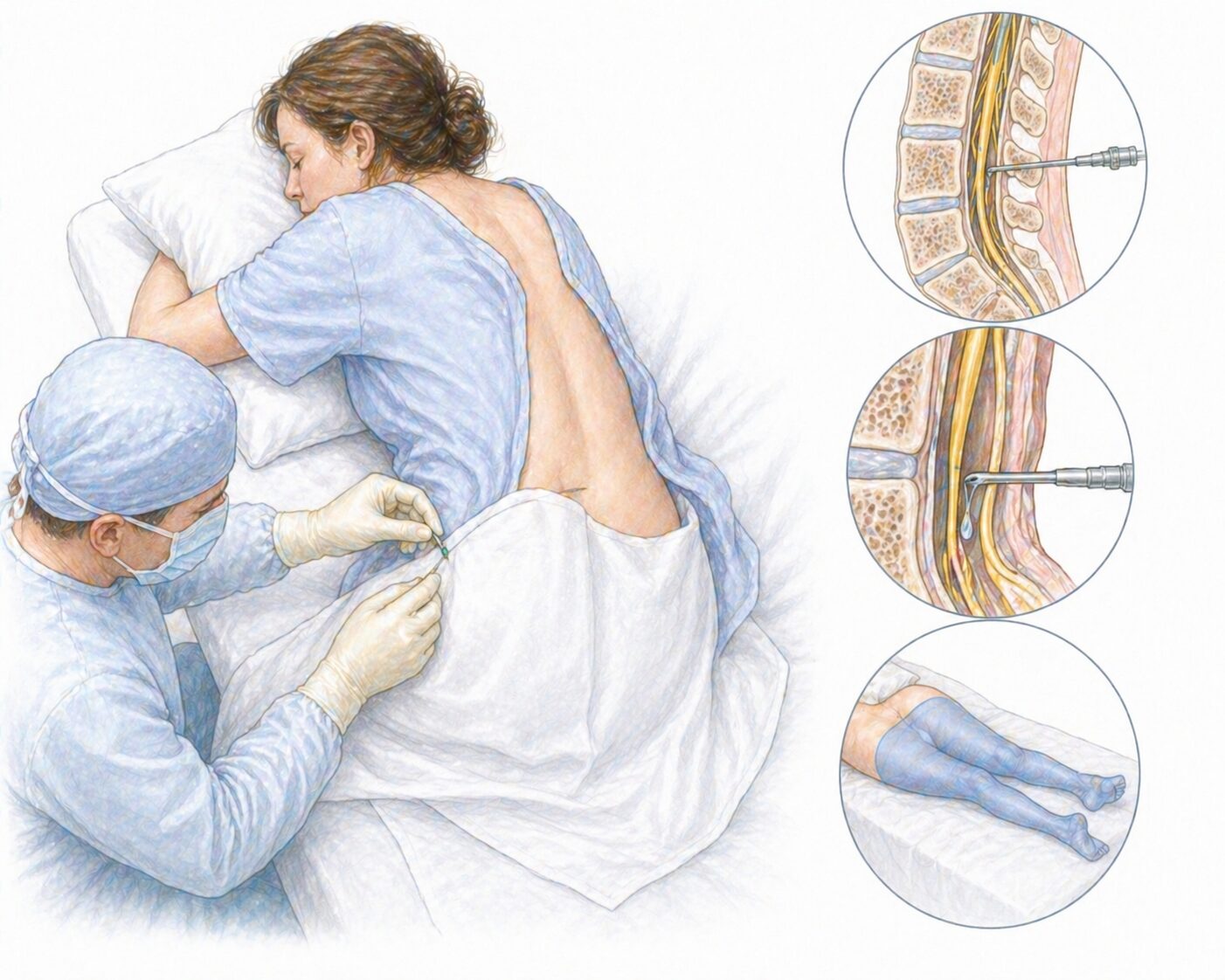 Ilustratie medicala stil Mayo anestezie spinala cu pacient in pozitie laterala si injectie la nivel lombar fara text