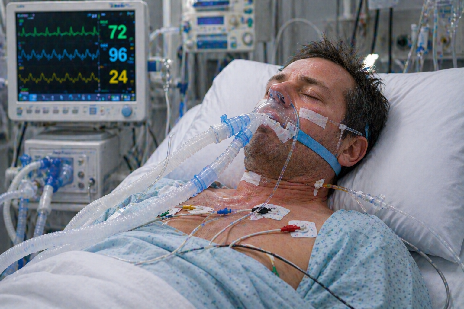 ARDS pacient intubat in terapie intensiva ventilatie mecanica insuficienta respiratorie severa monitorizare functii vitale imagine medicala realista stil clinic curat