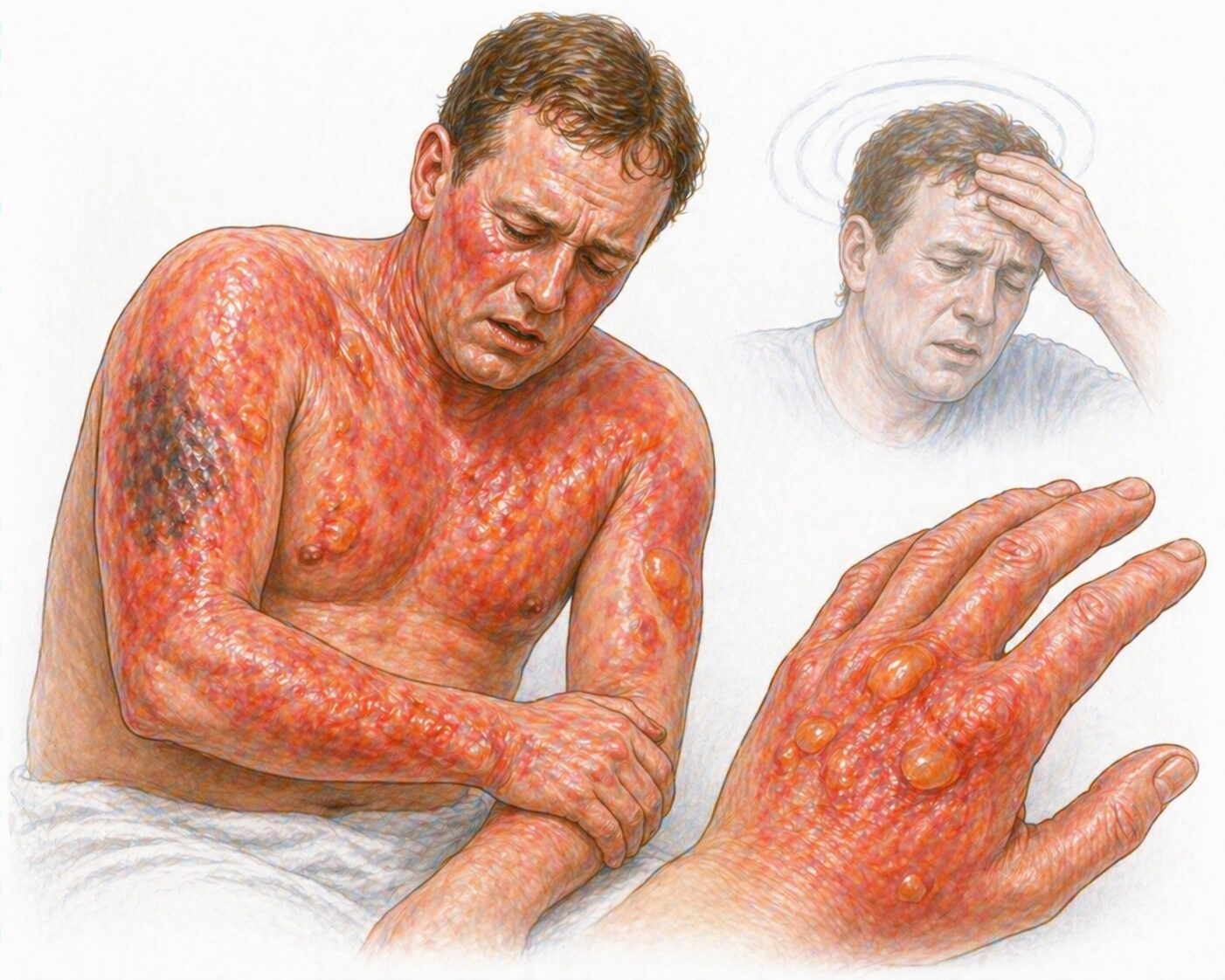 Ilustratie medicala stil Mayo simptome arsuri severe cu durere intensa eritem vezicule si afectare cutanata fara text