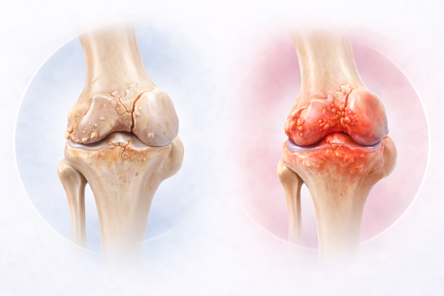 comparatie artroza si artrita articulatie degenerativa vs articulatie inflamata ilustratie medicala
