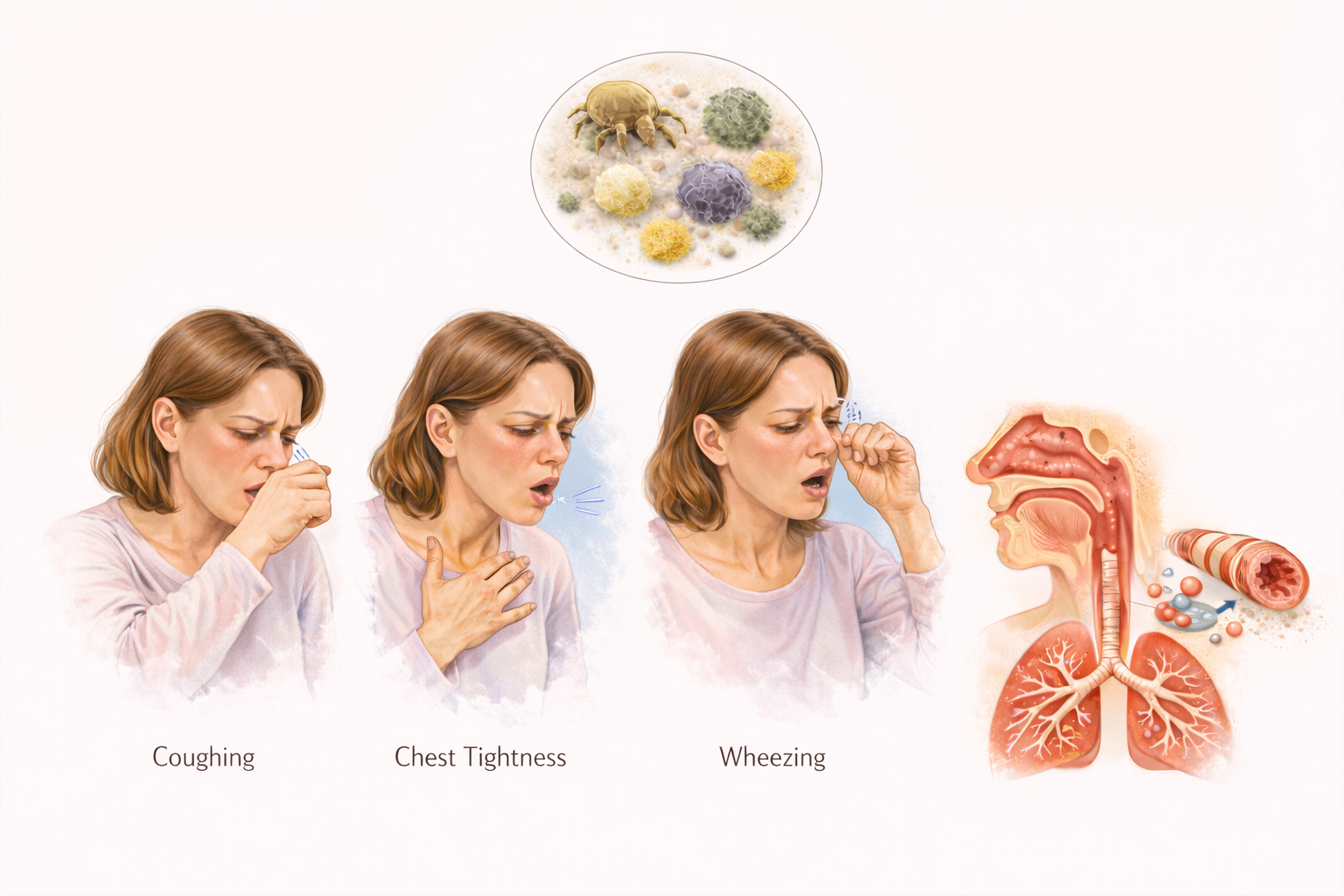 Ilustratie medicala simptome astm alergic cu tuse senzatie de apasare toracica si respiratie suieratoare