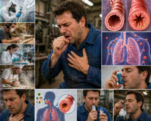 Ilustratie medicala astm profesional cu dificultati respiratorii cauzate de expunere la substante iritante la locul de munca