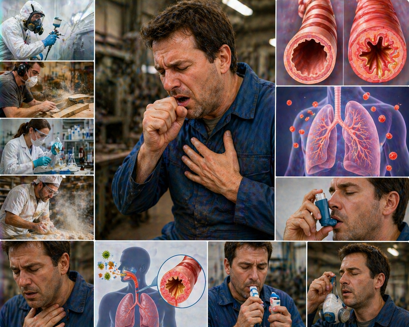 Ilustratie medicala astm profesional cu dificultati respiratorii cauzate de expunere la substante iritante la locul de munca