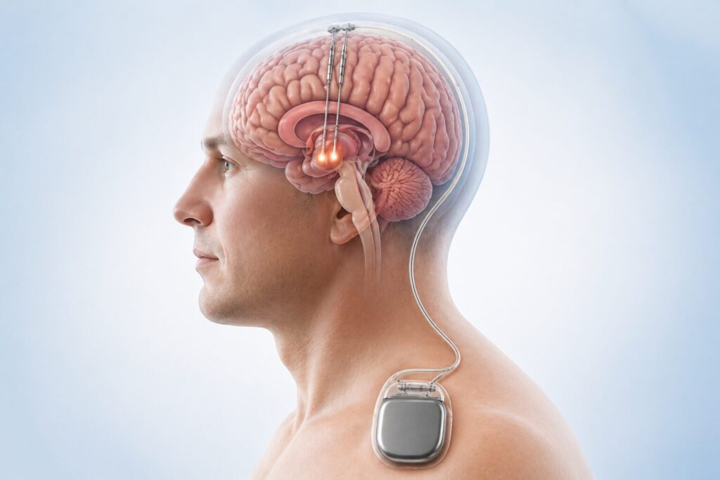 stimulare cerebrala profunda dbs cu electrozi implantati in creier si dispozitiv generator de impulsuri pentru controlul simptomelor neurologice