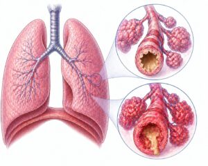 Ilustratie medicala reprezentativa pentru bronsiolita, bronhiole inflamate cu secretii si obstructie a cailor aeriene mici, stil desen manual realist, culori pastelate, fundal alb