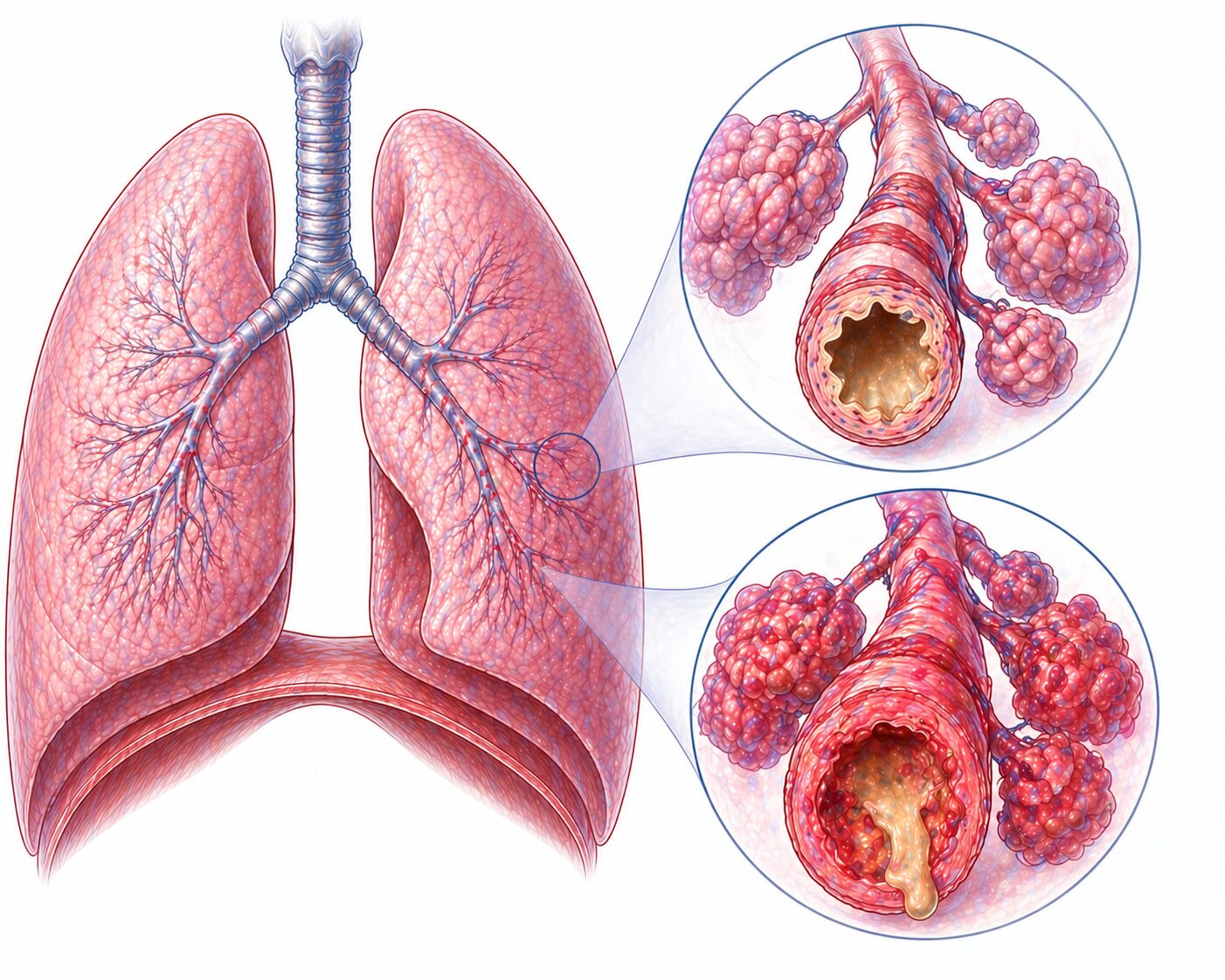 Ilustratie medicala reprezentativa pentru bronsiolita, bronhiole inflamate cu secretii si obstructie a cailor aeriene mici, stil desen manual realist, culori pastelate, fundal alb