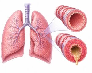 Ilustratie medicala reprezentativa pentru bronsita acuta, bronhii inflamate cu secretii si ingrosarea peretilor, stil desen manual realist, culori pastelate, fundal alb