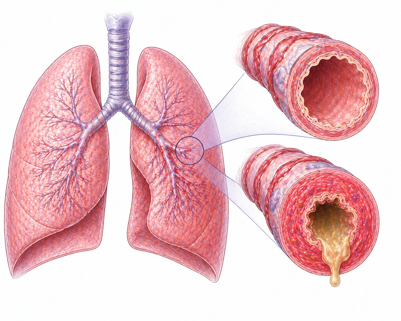Ilustratie medicala reprezentativa pentru bronsita acuta, bronhii inflamate cu secretii si ingrosarea peretilor, stil desen manual realist, culori pastelate, fundal alb