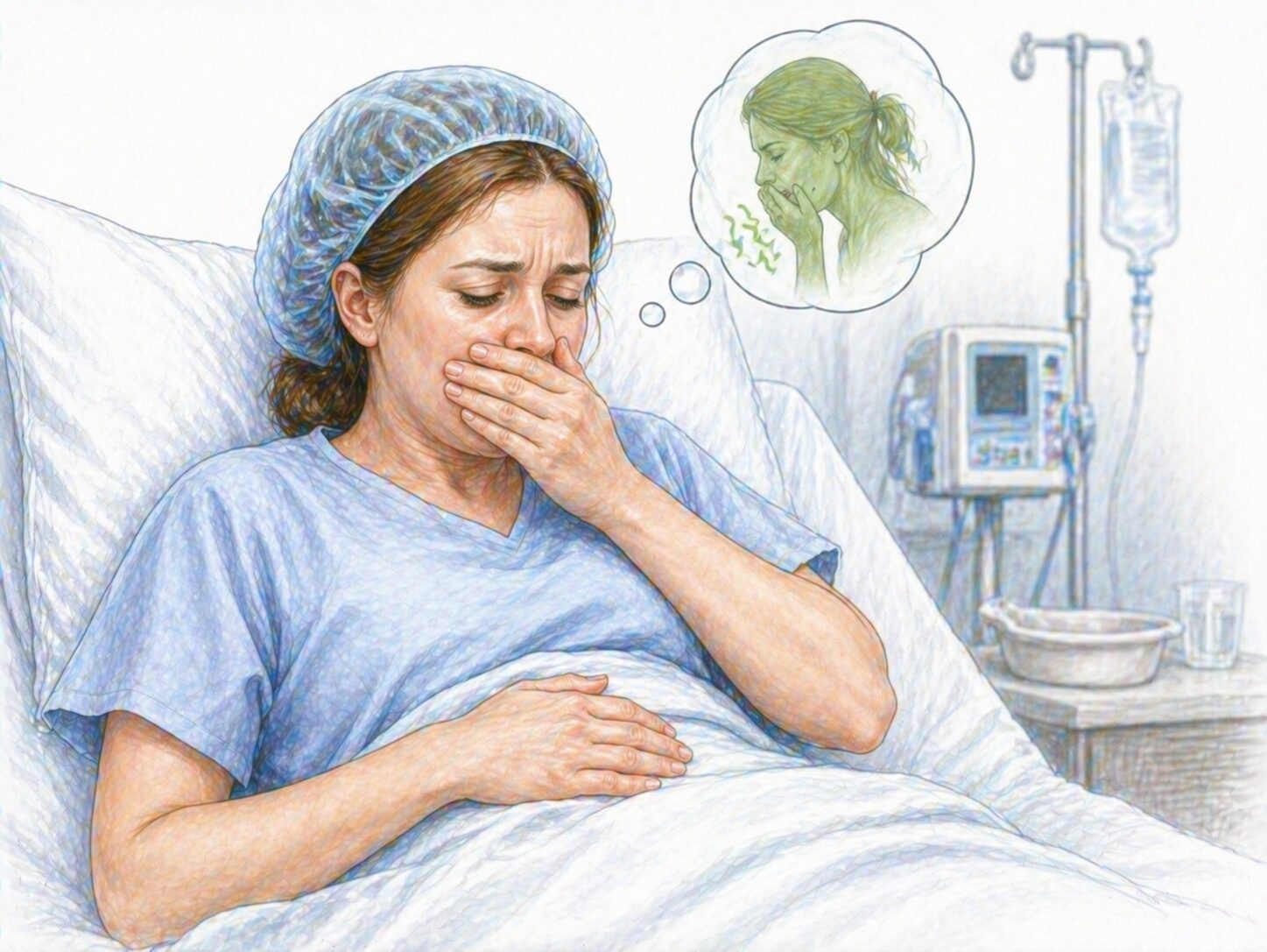 Ilustratie medicala stil Mayo greata dupa anestezie cu pacient in pat acoperindu-si gura si disconfort postoperator fara text