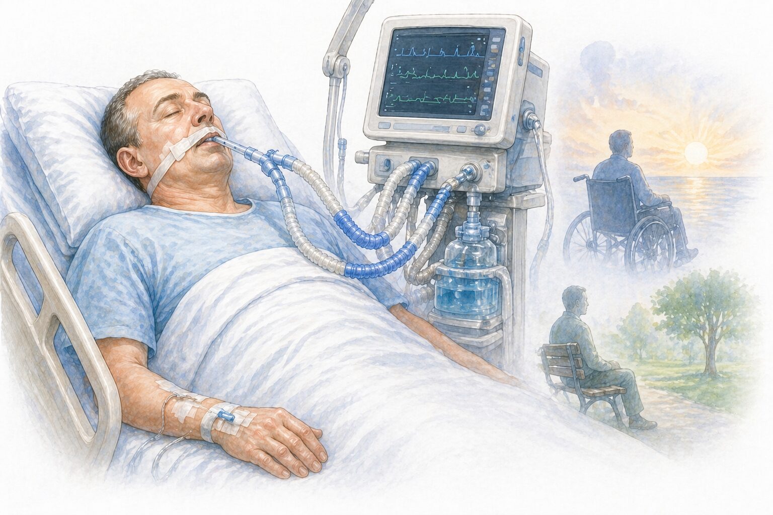 Ilustratie medicala reprezentativa pentru pacient aflat pe ventilatie mecanica, sugerand suport respirator prelungit, stil educational tip Mayo Clinic