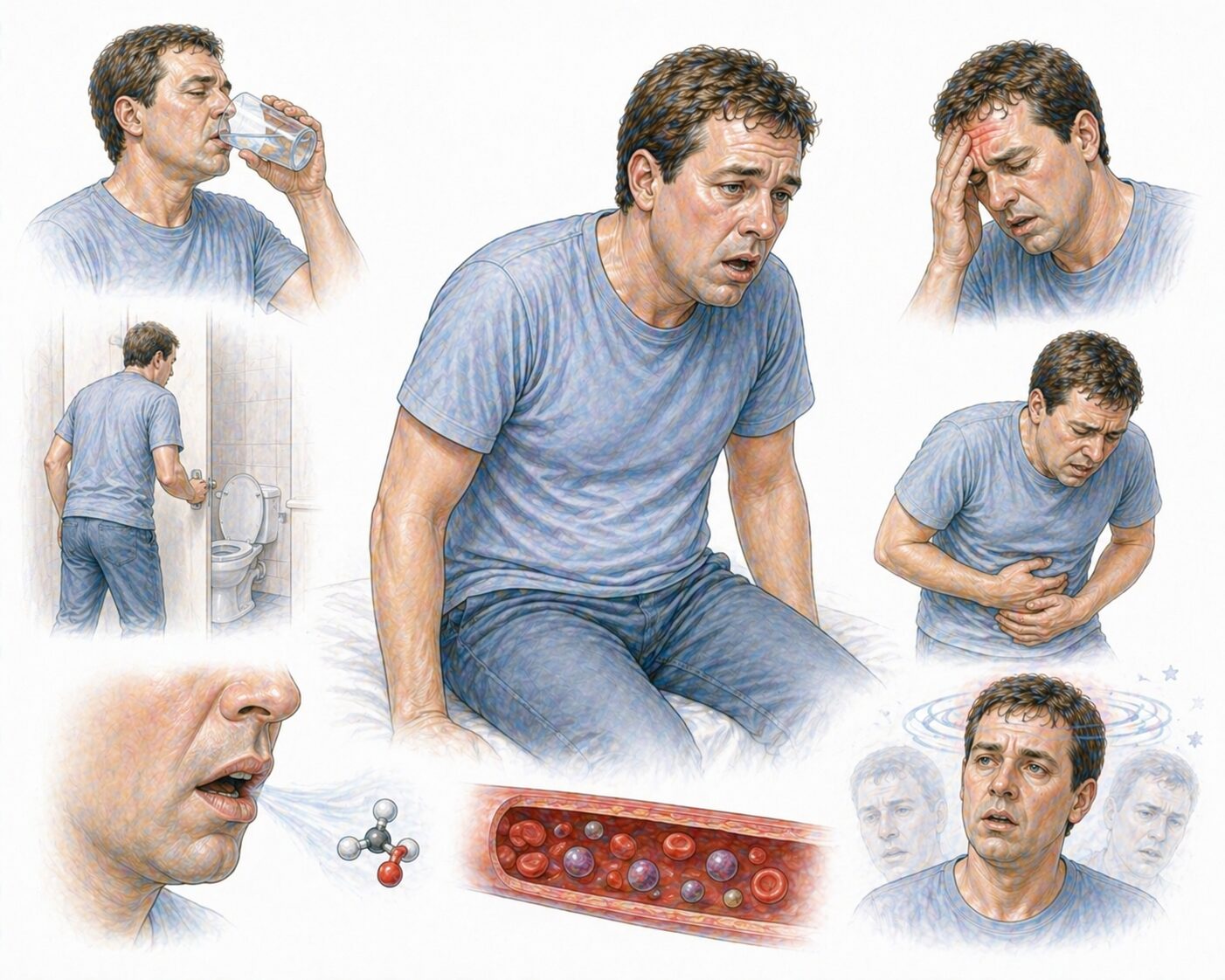 Ilustratie medicala stil Mayo simptome cetoacidoza diabetica cu respiratie rapida deshidratare confuzie si durere abdominala fara text