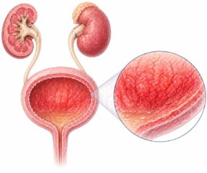 Ilustratie medicala reprezentativa pentru cistita, vezica urinara inflamata cu mucoasa iritata si detalii anatomice, stil desen manual realist, culori pastelate, fundal alb
