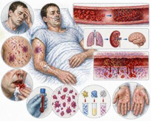 Ilustratie medicala stil Mayo CID cu formare de microtrombi si hemoragii generalizate la pacient fara text