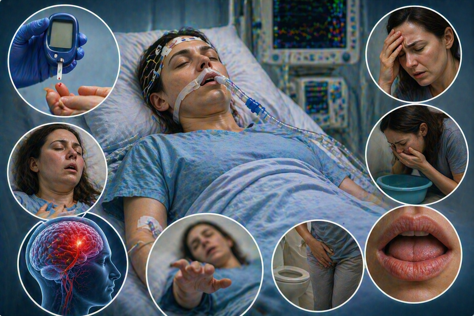 Ilustratie medicala coma diabetica cu pacient inconstient si semne precum hiperglicemie deshidratare si respiratie alterata fara text