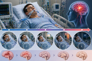 Ilustratie medicala pacient in coma in terapie intensiva cu ventilator si evolutie in timp sugerata vizual fara text