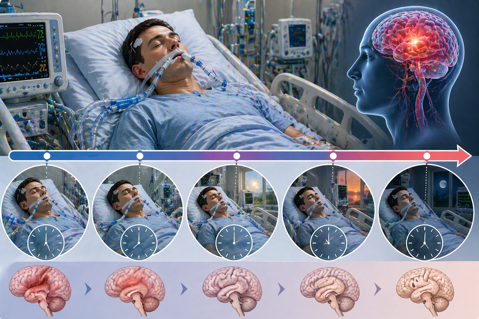 Ilustratie medicala pacient in coma in terapie intensiva cu ventilator si evolutie in timp sugerata vizual fara text
