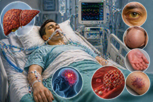Ilustratie medicala coma hepatica cu pacient in terapie intensiva si afectare severa hepatica fara text