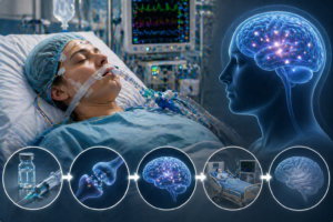 Ilustratie medicala coma indusa cu pacient sedat in terapie intensiva conectat la ventilator si monitorizare neurologica fara text