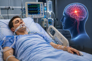 Ilustratie medicala pacient in coma internat in terapie intensiva cu suport ventilator si monitorizare fara text